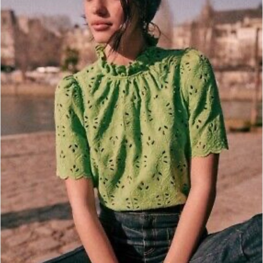 Sezane Lime Green Eyelet Short Sleeve Blouse